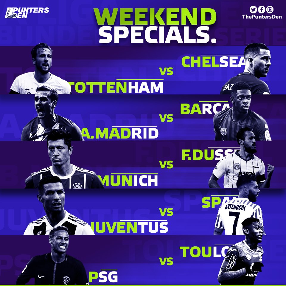 thepuntersden's tweet photo. The weekend is upon us again and with it comes the awesomeness of football. Compare match winning odds in these mouthwatering fixtures and use our well researched tips to make betting decisions
#PuntersDen 
#EPL
#Laliga
#BundesLiga
Checkout our IG page for the full Predictions https://t.co/KJ5cbKxS2B