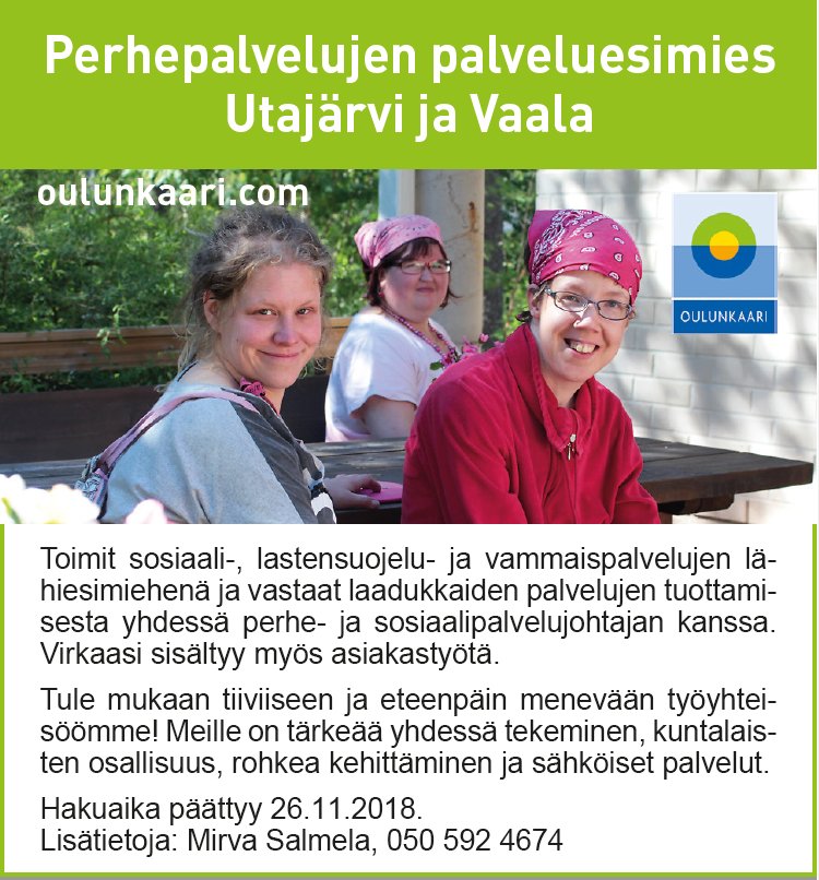 oulunkaari's tweet photo. Tuupa meille sosiaalipuolen esimieheksi Utajärvelle ja Vaalaan. Saisit olla tolkku ja tomera kehittämisihminen. Ja huumonrintajusta ei ole haittaa. #oulunkaarenosaajat #sosiaalityö #sosiaalipalvelut #päihdetyö #vammaispalvelut #rekry  Lisätietoja: @salmela_mirva @LLaukka https://t.co/Nch1hvFWvX