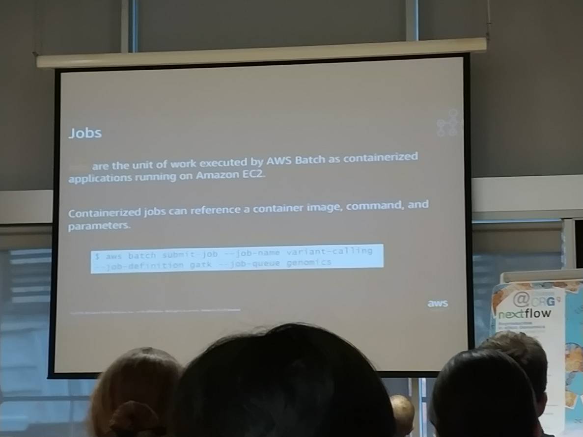 nextflowio's tweet photo. "Jobs are the unit for #AWS batch  and consists of containerized applications running on #Amazon #EC2" #nfhack18 #CRGtraining #Bioinformatics https://t.co/3HK1zF9hJP