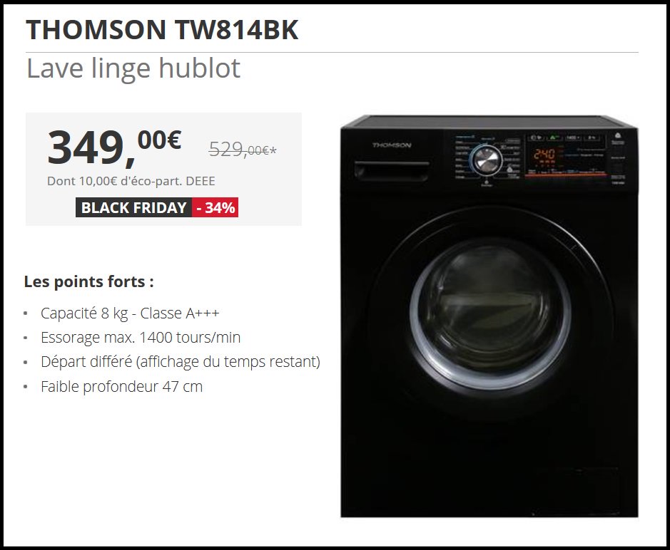 oppakken Revolutionair lijden Thomson France on Twitter: "#BlackFriday ! Le lave-linge hublot #Thomson  TW814BK noir, bénéficie d'une classe énergétique A+++, ultra basse  consommation ce qui vous permet de réaliser 30 % d'économie par rapport à