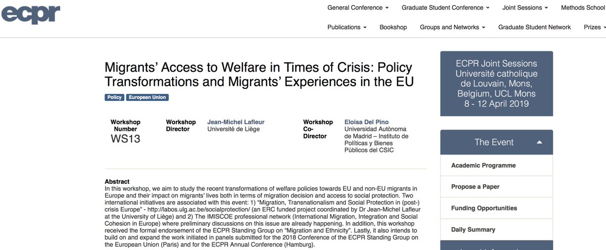 ‼️Submit your paper proposal by 3rd of December for the <a href="/ECPR/">European Consortium for Political Research</a> Joint Sessions workshop "Migrants’ Access to Welfare in Times of Crisis" by <a href="/LafleurJeanM/">Jean-Michel Lafleur</a> <a href="/delPinoE/">Eloísa del Pino</a> at <a href="/umons/">Uga Mons</a> 🇧🇪
👉ecpr.eu/Events/PanelDe…