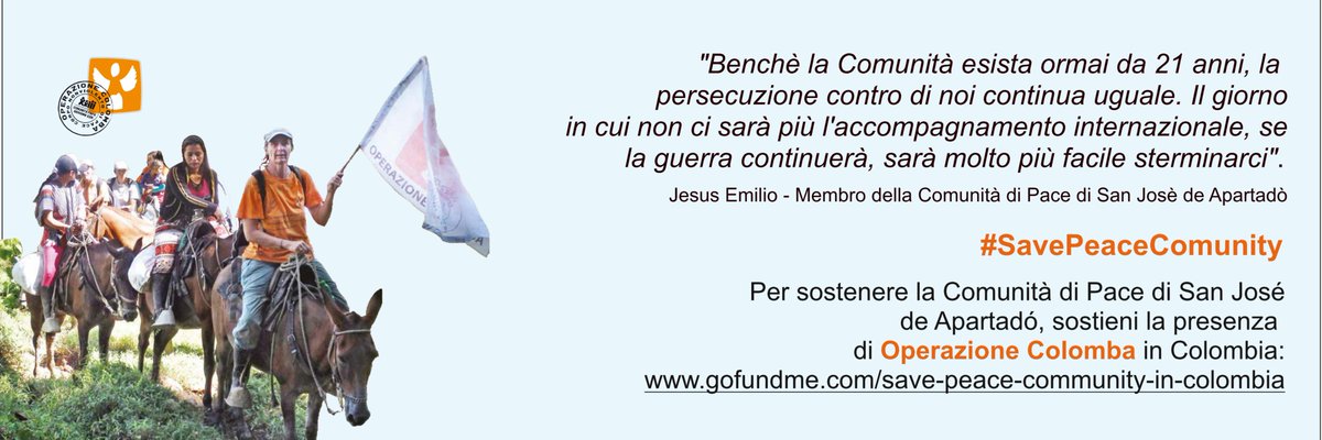 OpColombaApg23's tweet photo. #SavePeaceCommunity  Il giorno in cui non ci sarà più l'accompagnamento internazionale, se la guerra continuerà, sarà molto più facile sterminarci Per sostenere la @cdpsanjose sostieni la #OperazioneColomba in #Colombia:
https://t.co/N3pLHSj1Oz https://t.co/1bnq8R8eUu