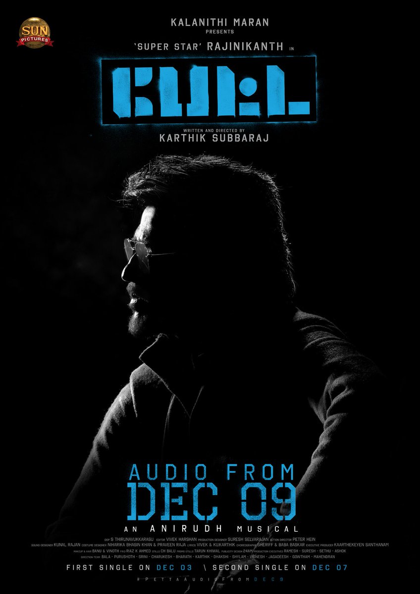 karthiksubbaraj's tweet photo. Yes....1st single on Dec 3rd , 2nd single on Dec 7th.. &amp; #PettaAudiofromDec9th 

Full Thalaivarism filled #PettaAlbumParaak 

An @anirudhofficial musical.... https://t.co/kNDM4GcbkH