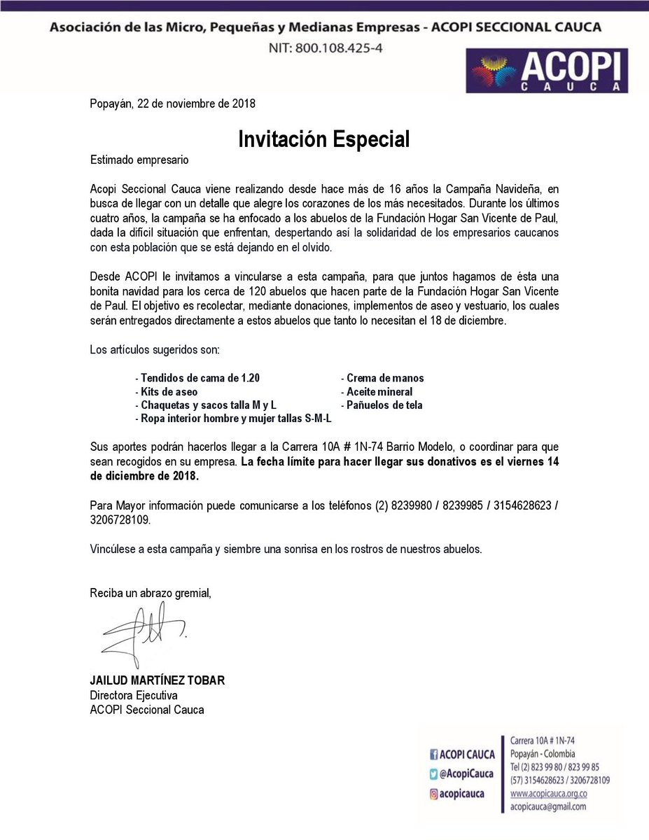 💝🎅🤶 El objetivo es recolectar mediante donaciones, implementos de aseo y vestuario, los cuales serán entregados directamente a estos abuelitos de la Fundación Hogar San Vicente de Paúl de Popayán
Para mayor información puede comunicarse a los teléfonos (2) 8239980 / 8239985