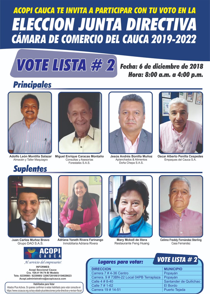 ACOPI CAUCA TE INVITA A PARTICIPAR CON TU VOTO EN LA ELECCION JUNTA DIRECTIVA CÁMARA DE COMERCIO DEL CAUCA 2019-2022
📆Fecha: 6 de diciembre de 2018
🕓Hora: 8:00 a.m. a 4:00 p.m.