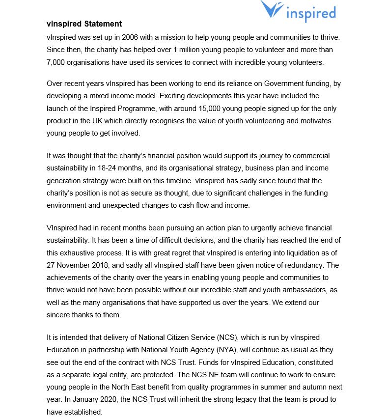 vInspired statement: It is with great regret that @vInspired is entering into liquidation as of 27 November 2018.
