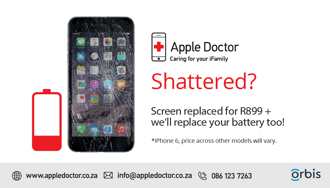 Cellucity's tweet photo. We can fix it! Apple Doctor repairs Apple &amp; Huawei devices. Get your screen replaced for *R899 &amp; we’ll replace your battery TOO! ⭐📱
 
 Find your nearest Apple Doctor here: https://t.co/0ehF9vMAQg. 🙌📱#AppleDoctor Exclusive to @Cellucity @AppledoctorZA https://t.co/vJEda0nS4c