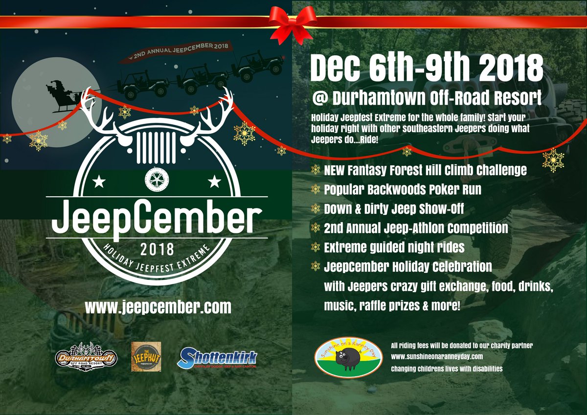 JeepCember's tweet photo. It’s 12 days away! Have you registered for JeepCember 2018! Come see your friends from jeephut &amp; shottenkirk of canton at Durhamtown Off-road Resort ! This is a Jeepers holiday Jeepfest extreme!
https://t.co/ehKrTdAEqN https://t.co/A7IFPY5cWA
