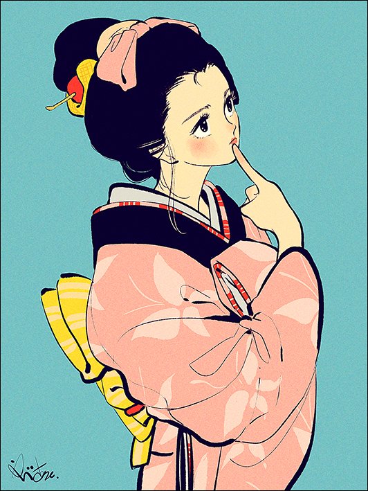 1girl solo japanese clothes kimono long hair sash obi  illustration images