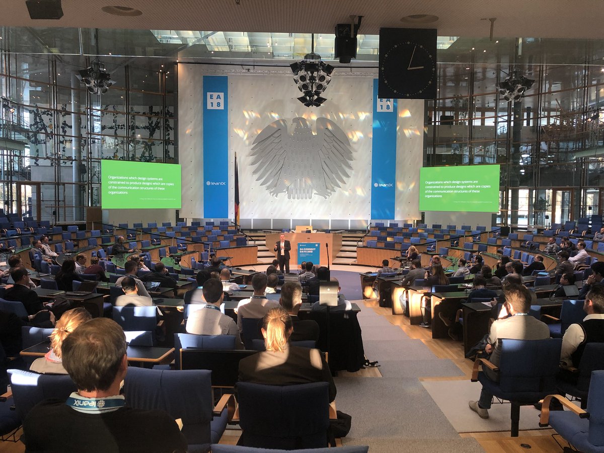 christ_andre's tweet photo. Conweys law - systems follow the organizational design. Great presentation on historic stage of former German Bundestag by @oliverschwarz of Vaillant @leanix_net #EACD18 in #Bonn #entarch https://t.co/TKoXt2oIRU