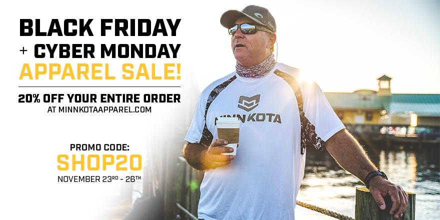 MinnKotaMotors's tweet photo. Black Friday and Cyber Monday Apparel Sale starts today! Get 20% off your #MinnKota Apparel order through Cyber Monday at https://t.co/pB2cW9lCyO. https://t.co/fewEeU5PhT