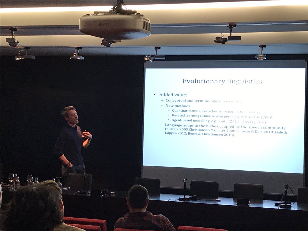 Stblancke's tweet photo. Freek Van De Velde kicks off the final #CBEN2018 session on communication and language with a talk on the cultural evolution of grammar https://t.co/kdgIGB6cBC