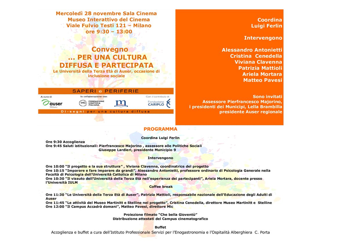 AuserMi's tweet photo. Università Terza Età: Convegno mercoledì 28/11/18- ore 9,30-13,00 al M.I.C. V.le Fulvio Testi 121 #Milano #Convegno #Auser #Universitàterzaetà #cultura #periferie https://t.co/MPo94RzAl1