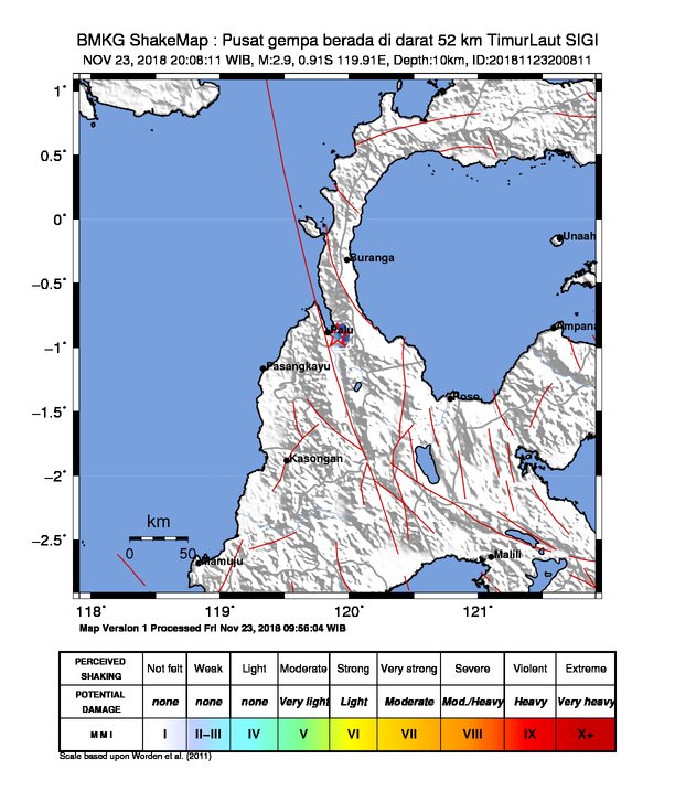 #Gempa Mag:2.9, 23-Nov-18 20:08:11 WIB, Lok:0.91 LS, 119.91 BT (Pusat gempa berada di darat 52 km TimurLaut SIGI), Kedlmn:10 Km Dirasakan (MMI) III Palu #BMKG