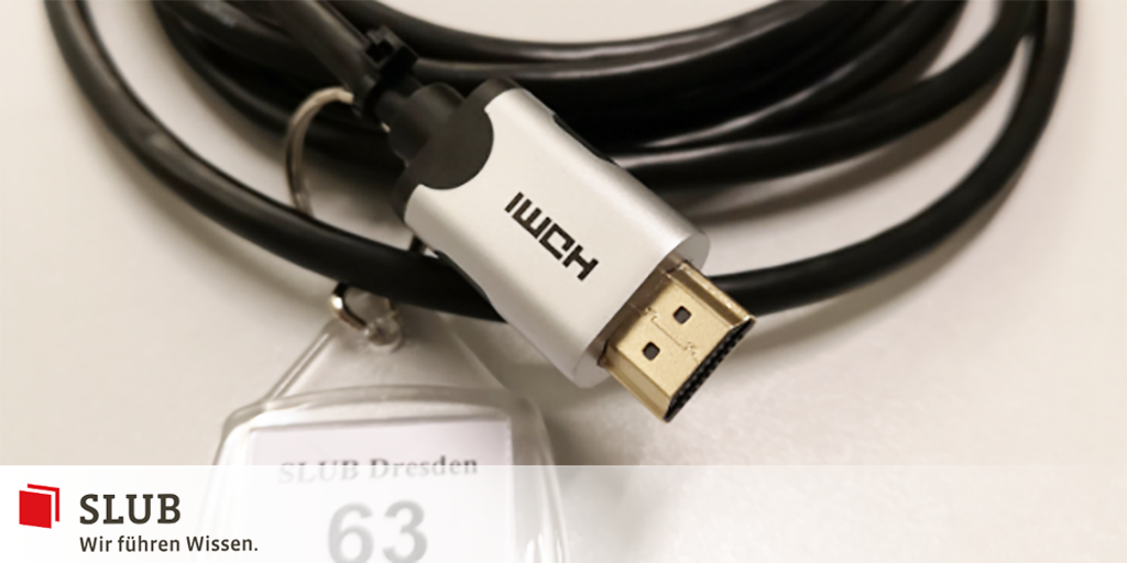 SLUBdresden's tweet photo. Falls Ihr das Bild von Euren Laptops auf die Präsentationsdisplays aka Multimedia-Presenter im #SLUBForum nicht drahtlos übertragen könnt oder wollt, leihen Euch die Kollegen an der #SLUBService|theke gern ein HDMI-Kabel aus. #SLUBFacts #SLUBLife #Nutzerfragen /nf https://t.co/6sg2yJW8dw