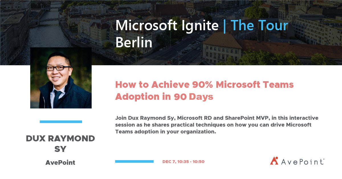 avepoint_de's tweet photo. Wie schafft man es, #MicrosoftTeams erfolgreich im Unternehmen zu nutzen und die #Emailflut zu reduzieren? @meetdux zeigt auf der #MSIgniteTheTour am 6.12. in Berlin, wie man #Teamwork in #Office365 auf ein neues Level bringt! Jetzt Meeting buchen https://t.co/wKq3pWYFQW https://t.co/49kISJkPlw