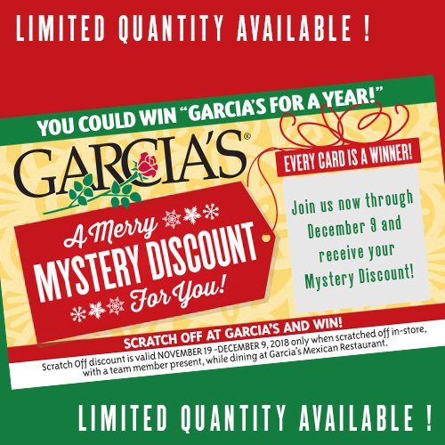 GarciasMexican's tweet photo. Stop in for Black Friday Deals ! While supplies last, grab your Mystery Discount Scratch Off and win great prizes, including Free "Garcia's for a Year" ! Also a Great Deal on Gift Cards, Buy $25 Get a $5 Bonus Card, Buy $50 Get a $15 Bonus Card !
#FreshTradition #BlackFriday2018 https://t.co/40cVSSSZdb