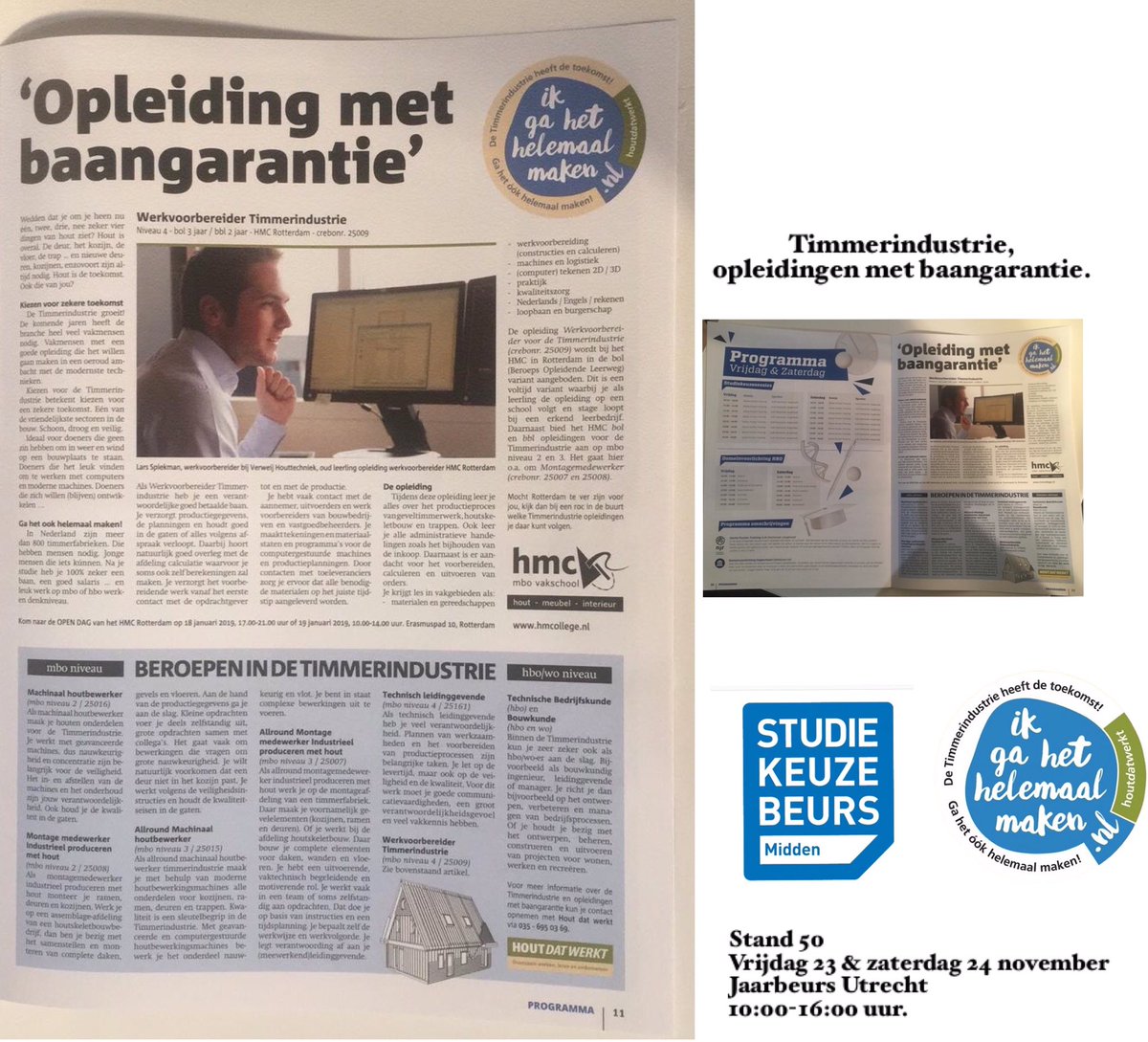 #studiekeuzebeursmidden Artikel  in de beurskrant over de #timmerindustrie opleidingen met baangarantie. Stand 50 Hout dat werkt samen met SWV Hout en <a href="/HMCmbovakschool/">HMCmbovakschool</a> . Vrij 23 &amp; za24 nov. 10-16 uur. #jaarbeursutrecht
