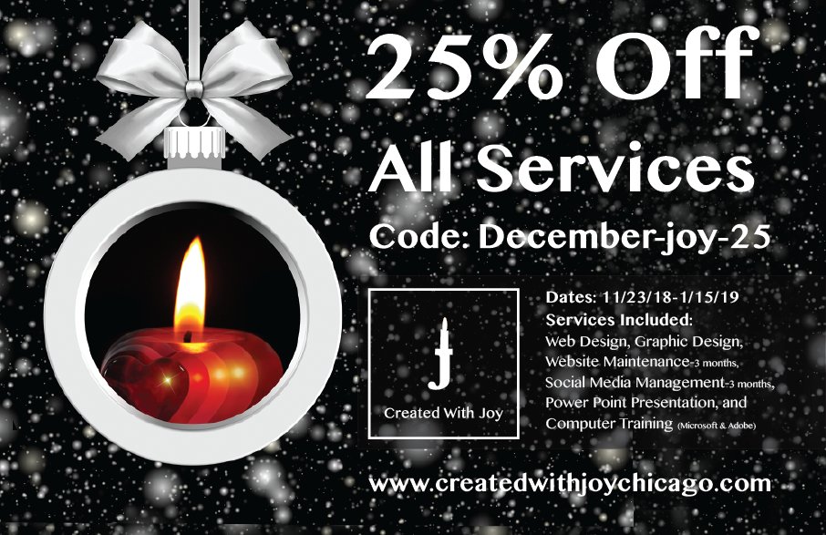 createdwithjoy1's tweet photo. Need your presentation finished or spruced up to impress your team? Need a web or logo upgrade? Need help communicating with your clients? Contact: joy@createdwithjoychicago.com today and let us take the stress off of you!

#webdesign #wordpress #graphicdesign #logo #nonprofit https://t.co/IENtNf27ae