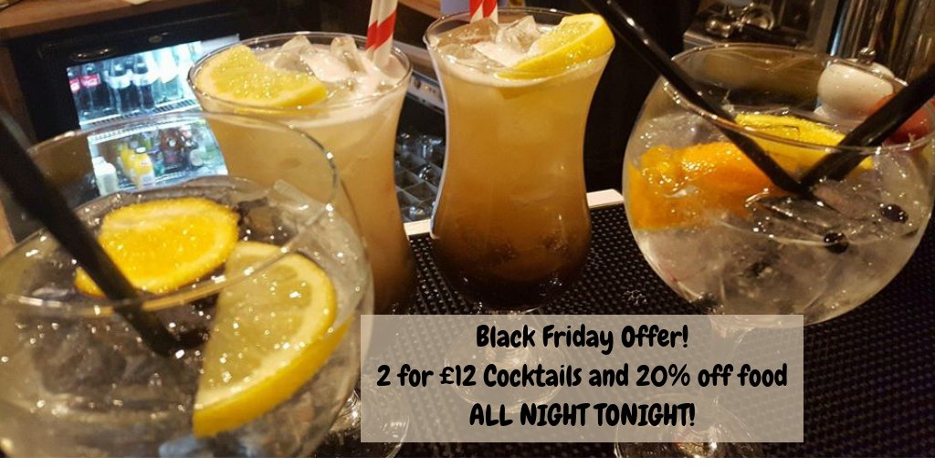 2 for £12 cocktails + 20% off food ALL NIGHT TONIGHT - just quote "Black Friday" when you book ! 🍸No live music tonight but we have got a few tables left for <a href="/GreenHotClover/">Green Hot Clover</a> TOMORROW NIGHT! bit.ly/BandNights Call 01565 755335 to book! #knutsford #knutsfordlife #blackfriday