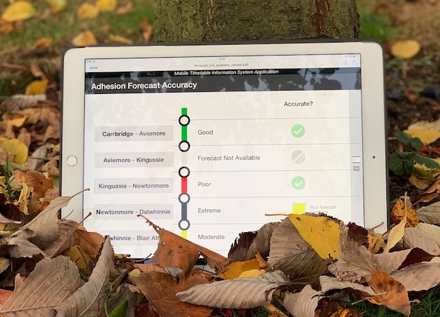 3Squared's tweet photo. 🍂 Low adhesion costs the rail industry £100m per year. Find out how @3Squared is tackling this through digital technology @RSSB_rail https://t.co/K90iVKv5t5 #TOC17 https://t.co/mYUMbINQJY