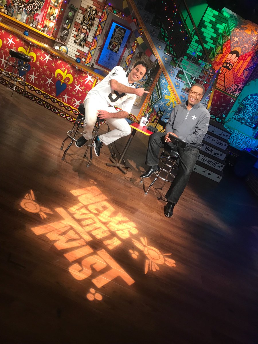 KennyLopez_TV's tweet photo. Had a great time co-hosting with the coolest cat around @lbjnola @WGNOtv #newswithatwist #tvnews #tv #newsset #nola #Thanksgiving #thankful #saintsgiving https://t.co/1PIZBmJ5JY