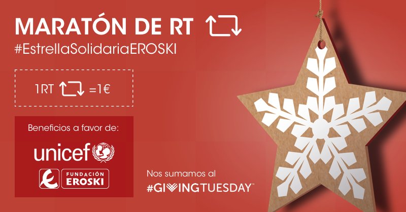 Hoy celebramos el #GivingTuesday con nuestro maratón de RT 🙌 Haz RT y donaremos 1€ a quienes más lo necesitan  😊 Además  por cada estrella que compres donaremos el doble 🌟 #EstrellaSolidariaEROSKI2018 eros.ki/9b3d9