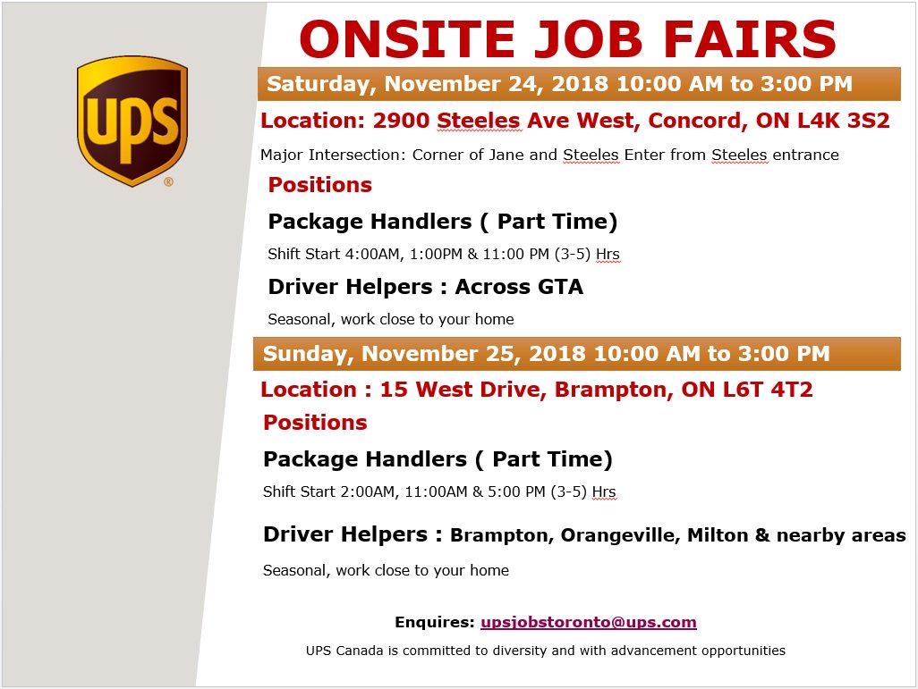 Work In Peel Halton On Twitter Ups Canada Is Hiring Job Fair Ups Canada Brampton On Sunday November 25th From 10 00 3 00 For Part Time Package Handlers And Driver Helper Positions