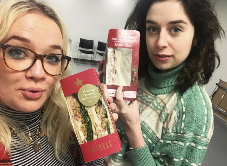 MEGNALEX's tweet photo. We both coincidentally brought Christmas sandwiches to rehearsal. Meg’s is from M&amp;S &amp; mine is from Pret. Meg’s is a bit dry and mine is a bit soggy. Meg’s has more stuffing &amp; mine weirdly includes spinach. But which one of us will perform better tomorrow night? Come to Duckie!!! https://t.co/dSPuS8VNzJ