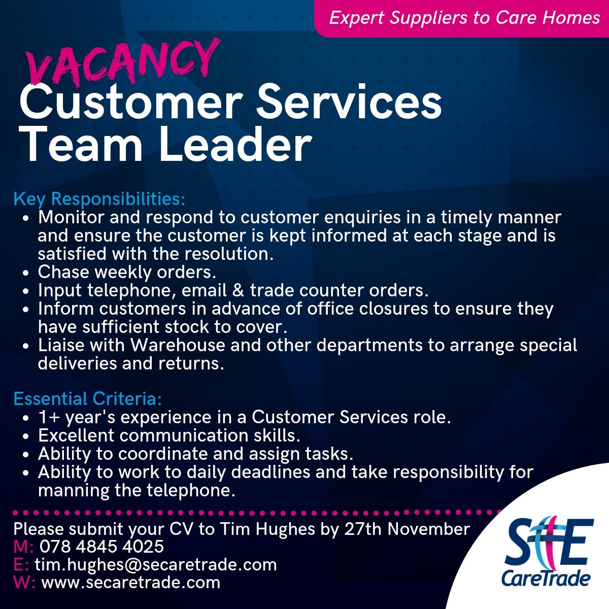 SandECareTrade's tweet photo. Recruiting for a Customer Services Team Leader now! Closing date Tue 27th Nov '18... https://t.co/yPK6UrWVqH