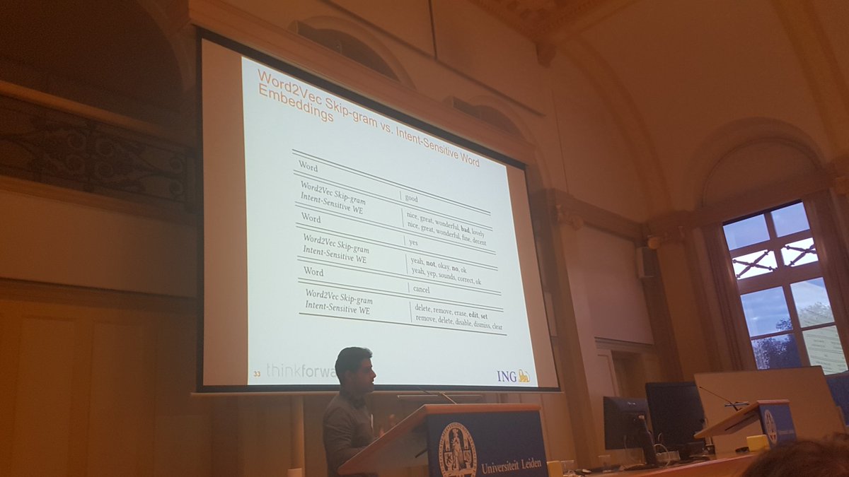 DIR_2018's tweet photo. #dir2018 @hhashemi98 shows some examples of intent-sensitive word embedding compared to regular word2vec. Essential for intelligent assistants! https://t.co/dzEyz3rJi7