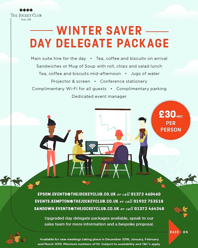 Introducing our fantastic Winter Day Delegate package. Available on meetings in December, January, February and March, minimum numbers of 20 apply. Meet in style this winter and join us at Epsom Downs Racecourse. 
🔷🔷🔷🔷
#epsomevents #winterddr #wintermeeting #eventsprof #value