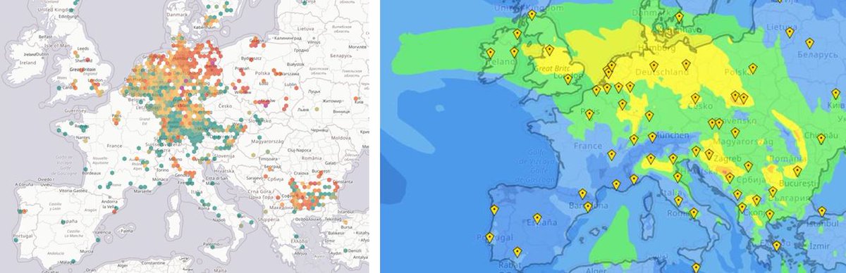 Ambassad_Air's tweet photo. A gauche : mesure citoyenne #luftdaten / A droite : modèle Copernicus (#particulesfines PM2.5). Intéressant ! https://t.co/K6lRdNcTi7 et https://t.co/labHCUmdO4 https://t.co/VqH9OtMpWk