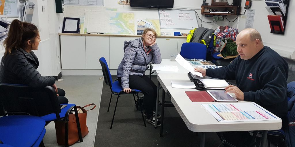 RNLINewBrighton's tweet photo. Smiling not sleeping – Lucy and Steph are two of our six-strong female @RNLI volunteer crew taking time out for a few days' on-shore training with @showbizshaun. #GraceDarlingWeek #dedication https://t.co/4feEHv5Z5t