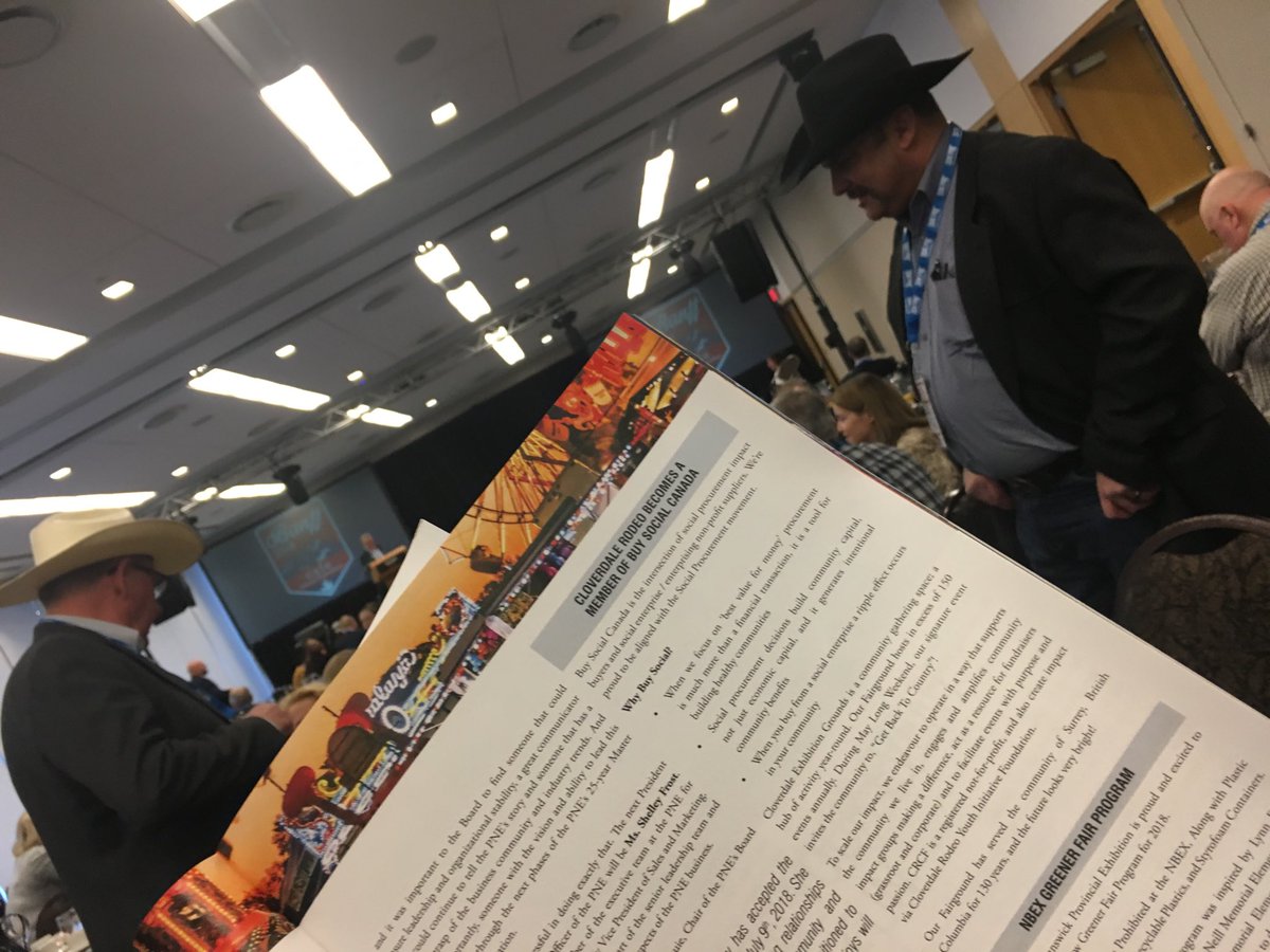 CloverdaleRodeo's tweet photo. Attending the AGM for Canadian Association of Fairs and Exhibitions - reading in the #CAFE2018 newsletter about #CloverdaleRodeo membership with @BuySocialCanada @CdnAssocofFairs https://t.co/Ar0ZF5wrlt