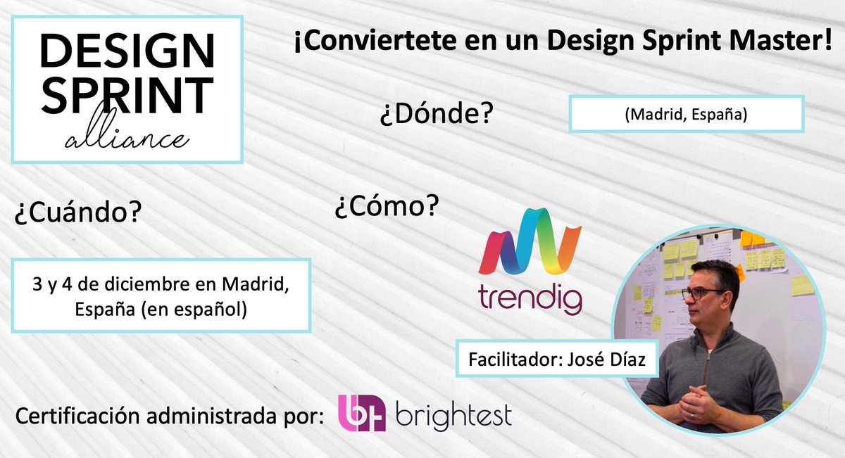 sprint_design's tweet photo. Design Sprint Alliance (@sprint_design)  is coming to #Madrid in a couple weeks! Register today and join the official DSA DSM course in Spanish - administered by @jdiaz_berlin of @trendigcomp : https://t.co/n6447RN3xW 

#ReachYourPotential with #DesignSprint and @BrightestOrg https://t.co/fJN5uDuUl6