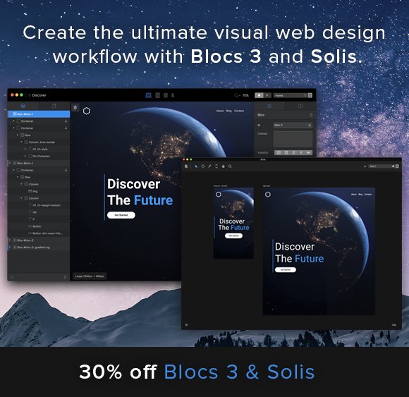 blocsapp's tweet image. Create the ultimate visual web design workflow with @blocsapp 3 and @SolisForMac. We have 30% off both apps until 27/11/2018. Discounts automatically applied on checkout.

Blocs 3: blocsapp.com

Solis: solisapp.com

#webdesign #BlackFriday2018 #WebDeveloper