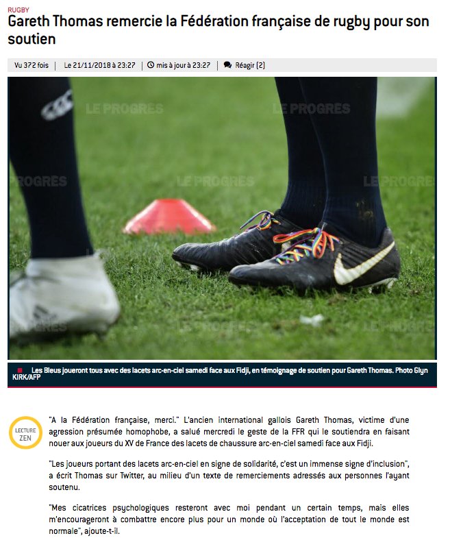 AgenceMSP's tweet photo. Media Sport Promotion soutient @gareththomas14 et félicite Jacques Brunel, l'équipe de France et la @FFRugby pour leur soutien et leur initiative, en faisant nouer aux joueurs du XV de France des lacets de chaussure arc-en-ciel face aux Fidji. Bon courage Gareth ! https://t.co/UuB3Is2LQY
