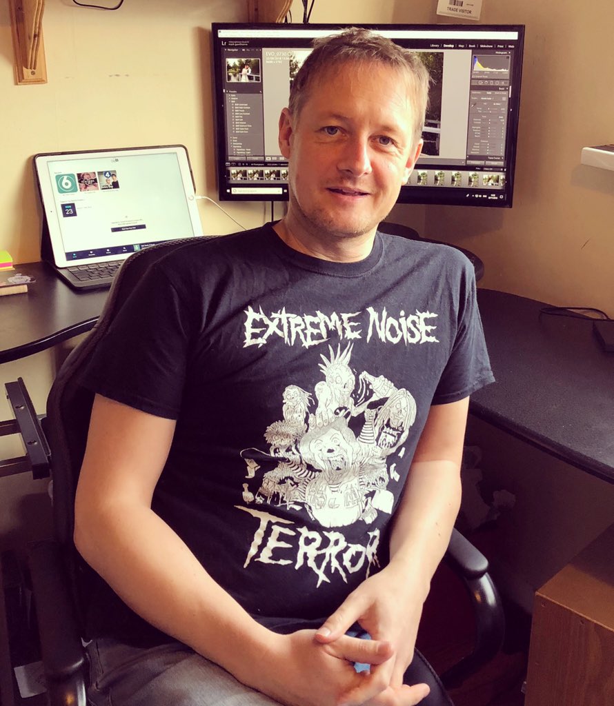 PhotoEvolve's tweet photo. @BBClamacqshow #Tshirtday Extreme Noise Terror for me Steve. Mark in Exeter working at Evolve Photography editing photos. https://t.co/ifJoBB9oyU