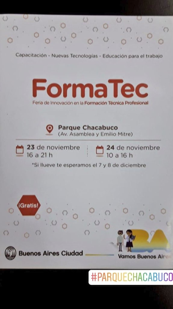 jonabarraza7's tweet photo. #HOY 23 - 16 a 21 hs
y mañana 24 - 10 a 16 hs
En #parquechacabuco acercate a conocer la Feria de Innovación en la formación Técnica Profesional ( #FormaTec ) 👨🏭👩🎤👨🍳👩🏫 https://t.co/ESLDDOA7Yg