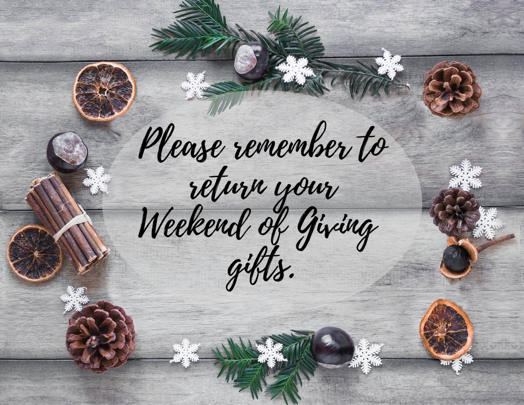 ParkValleyChurc's tweet photo. A friendly reminder that we will be collecting the gifts for the Weekend of Giving at our regular service times this weekend. Thank you for your generosity.
#parkvalleychurch #blessedtobeablessing #payitforward https://t.co/Ac8vxPx997