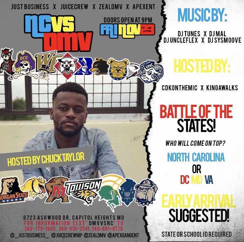PennyX____'s tweet photo. Brought To You By @ApexGangEnt @_JustBusiness_ @juicecrewmp @FLEXXENT_ 

#DMVvsNC🔥

Fri. Nov 23rd | Doors Open at 9

EVERYONE 🆓 Until 9:20

Jungle Juice On Deck

Sounds By🎧 :  @DJTUNES_ , @DJSySmoove ,@_UncleFlex 

Hosted By🎤: @CDKonthemic  @Chuck___Taylor 

⚠️❗️BE EARLY❗️⚠️ https://t.co/J3QJaNlCyF