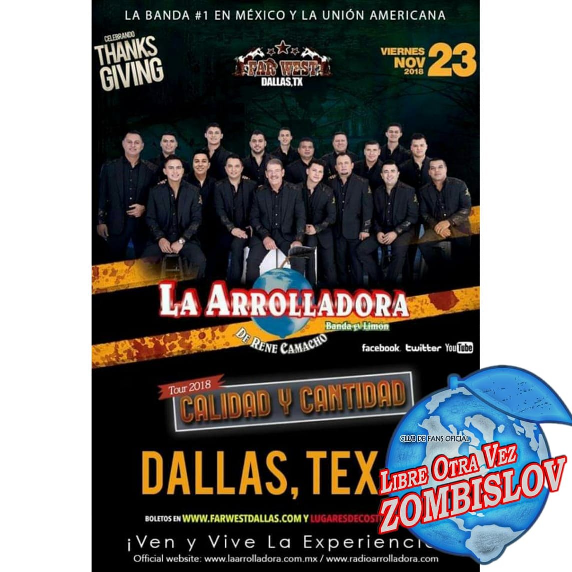 AnithaDuron's tweet photo. 📆 VIERNES 23 DE NOVIEMBRE‼
La Grandiosa Banda Del Momento, La Arrolladora Banda Limón De Don René Camacho💚😍
Se Presenta En: DALLAS,TEXAS  ✈🎶
Con Un Show Espectacular Y Su Nueva Gira #CalidadyCantidad 
#TuEresLaRazon
#Tour2018 
#ConquistandoCiudades🌃
#ZombisLOV🍋💚 https://t.co/dArq2LgRuj