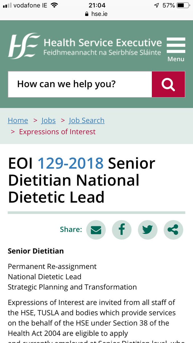Great opportunity for senior dietitian to join me <a href="/HSELive/">HSE Ireland</a> National Dietetic Lead to improve nutritional care. From infant nutrition to frailty, chronic disease &amp; obesity prevention. Service improvement from hospital food to nutrition support. Closing date Tues 😀🤞🏻<a href="/trust_indi/">INDI</a>