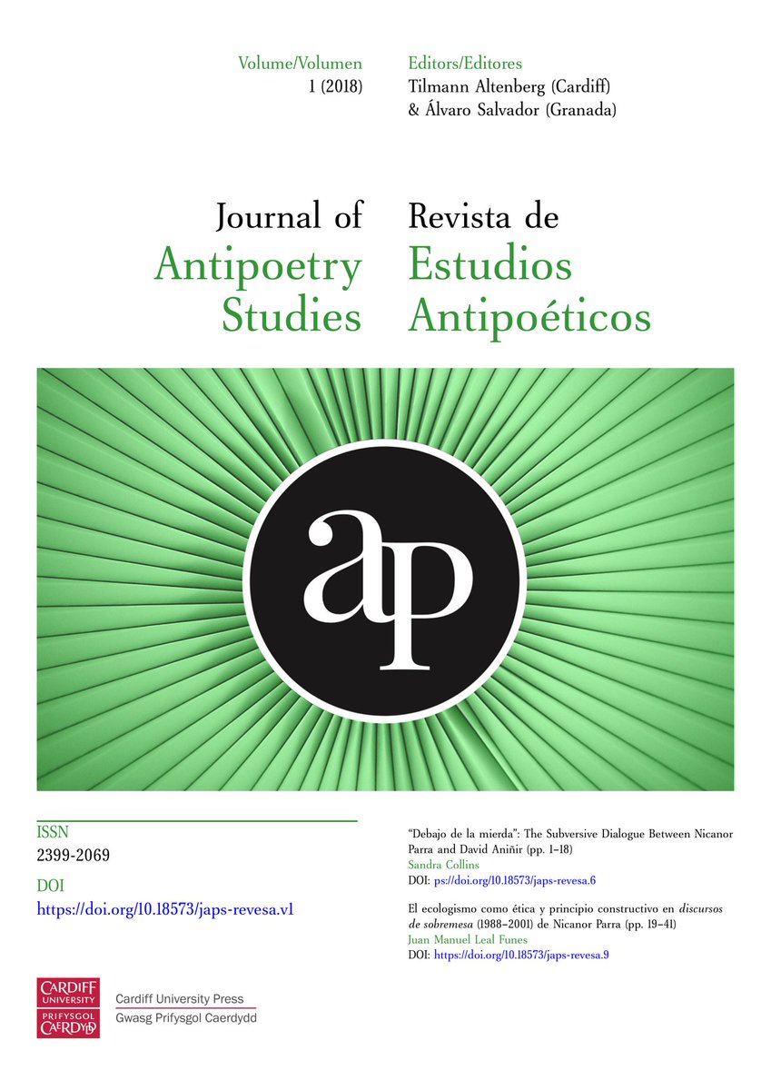 japs_revesa's tweet photo. The new bilingual “Journal of Antipoetry Studies” (JAPS) / “Revista de Estudios Antipoéticos” (REVESA) has just been launched. https://t.co/hRHf0ASQhf @cardiffunipress @cardiffmlang #antipoesía #NicanorParra #ecocriticism #ecocrítica #Mapuche #Mapurbe #DavidAniñir https://t.co/kkuA6zQxVx