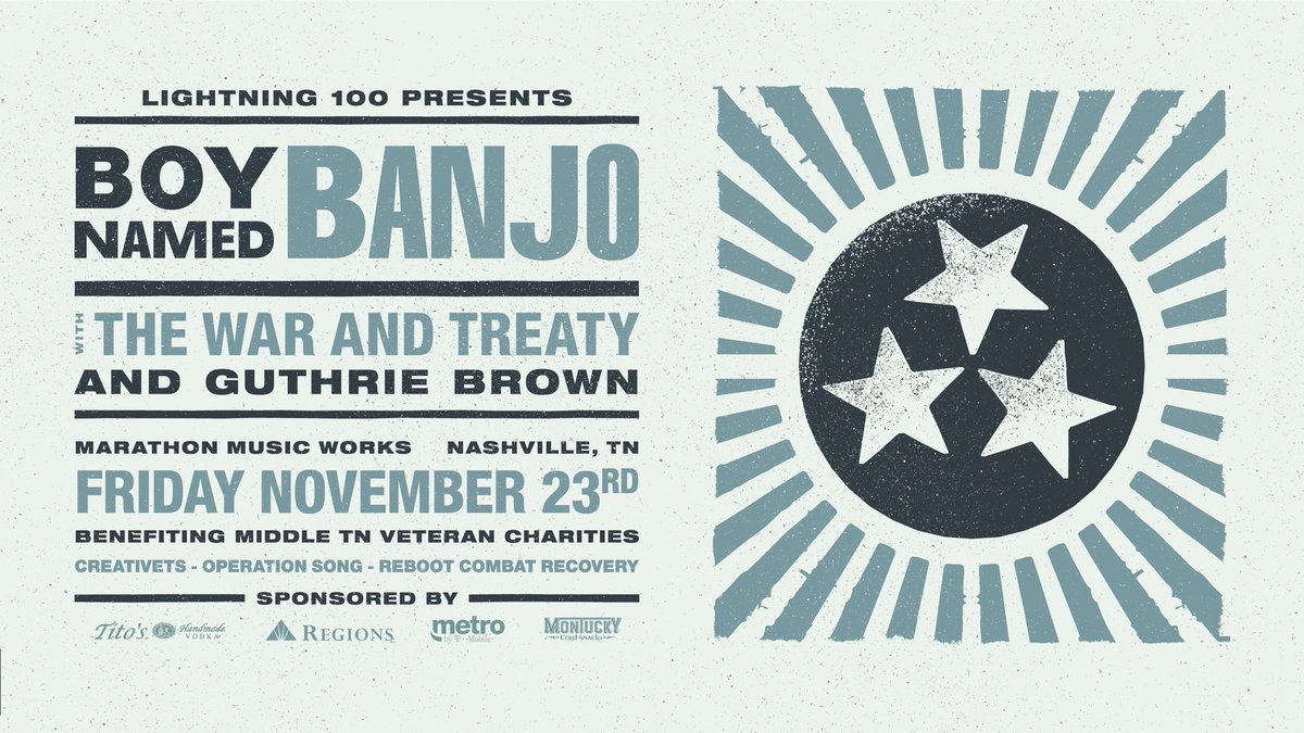 Lightning 100 (@lightning100) on Twitter photo TONIGHT! #Lightning100 presents <a href="/BoyNamedBanjo/">Boy Named Banjo</a> benefiting Middle Tennessee Veteran Charities with <a href="/warandtreaty/">The War And Treaty</a> and <a href="/Guthrie_Brown/">Guthrie Brown</a> at <a href="/MMusicWorks/">Marathon Music Works</a>!
Doors at 6:30 | Show at 8
Tickets available at the door! TONIGHT! #Lightning100 presents <a href="/BoyNamedBanjo/">Boy Named Banjo</a> benefiting Middle Tennessee Veteran Charities with <a href="/warandtreaty/">The War And Treaty</a> and <a href="/Guthrie_Brown/">Guthrie Brown</a> at <a href="/MMusicWorks/">Marathon Music Works</a>!
Doors at 6:30 | Show at 8
Tickets available at the door!