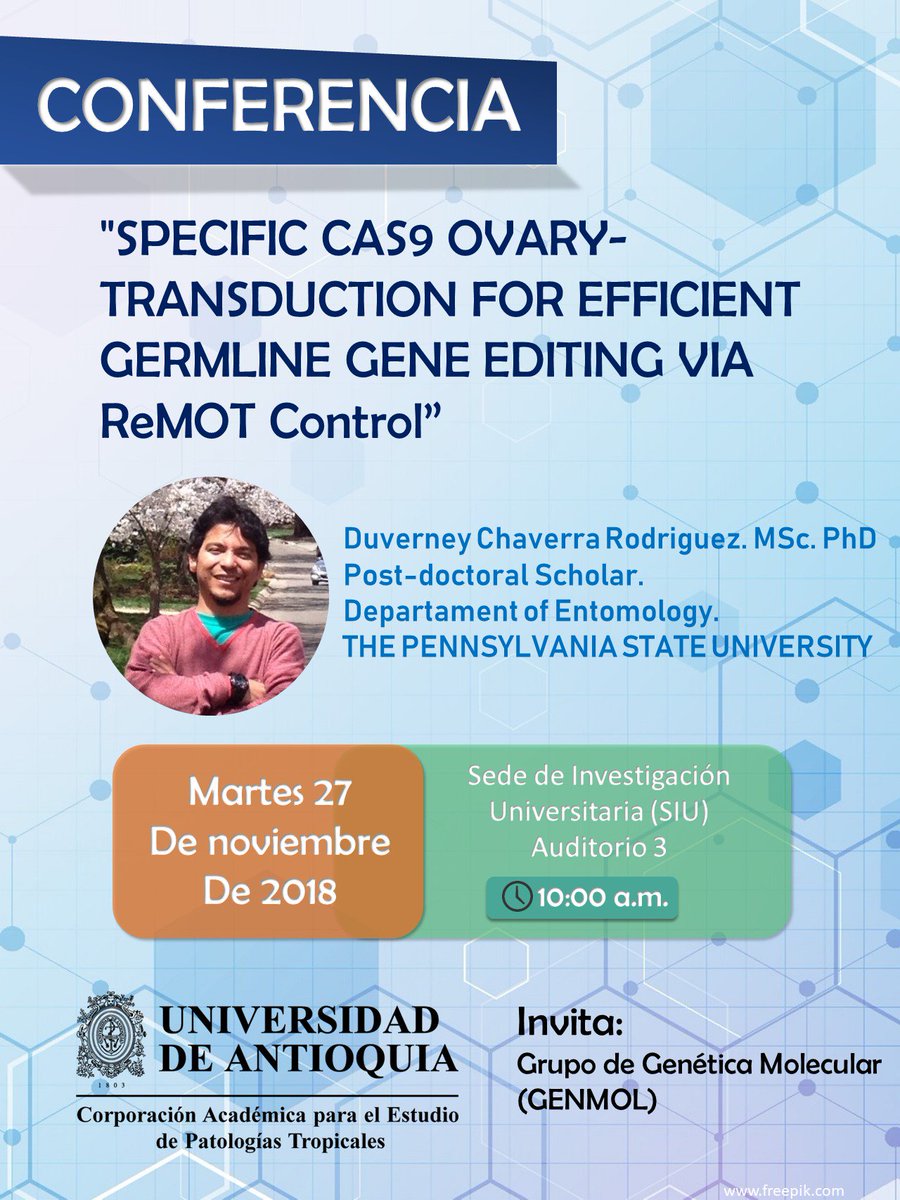 El grupo de Genética Molecular (GENMOL), te invita a esta interesante charla denominada "Specific CAS9 ovary-transduction for efficient germline gene editing via ReMot Control", la cual se realizará el próximo martes 27 de noviembre a las 10:00 a.m. en el Auditorio 3 de la SIU.