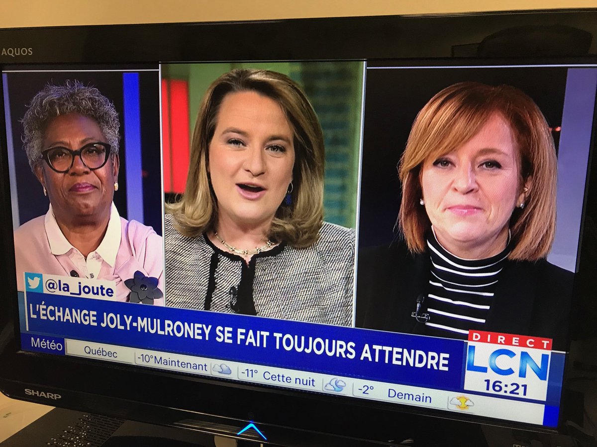 Un panel d’analyse politique 100% féminin à La Joute, avec l’expertise de ⁦<a href="/elatraverse/">Emmanuelle Latraverse</a>,⁩ ⁦<a href="/Sthilairec/">Caroline St-Hilaire</a>⁩ et ⁦<a href="/RegineLaurent/">Régine Laurent</a>⁩. Ça mérite d’être souligné, et ça devrait arriver plus souvent à la télé québécoise! :) #TVA