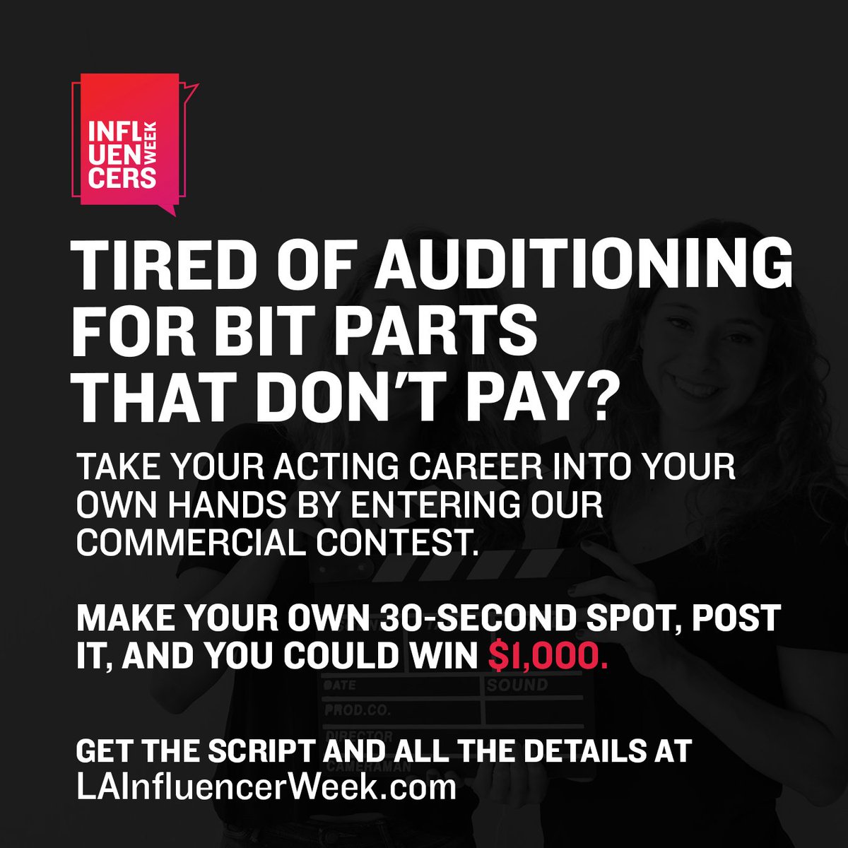 LaInfluencer's tweet photo. Influencer Week is hosting a video contest to make one awesome commercial about the event. Direct and star in your version of the ad, post it online, and if we choose it as the best, you'll get paid $1,000 #LAInfluencerWeek

Get started at https://t.co/3kQBW4im7W https://t.co/9PTqBTzrfJ