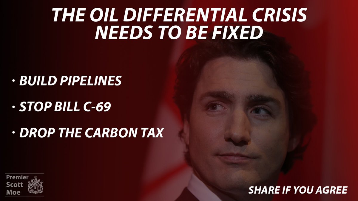 PremierScottMoe's tweet image. Yesterday, @JustinTrudeau acknowledged the oil price differential is a crisis here in western Canada.
 
We agree.
 
The problem is he isn’t doing anything about it, &amp;amp; some of the things he is doing are actually making it worse.
 
Here’s what he can do to address this crisis.